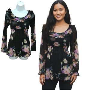 INC Black Floral Multicolor Layered Empire Mesh Stretch Top - Women’s M Petite